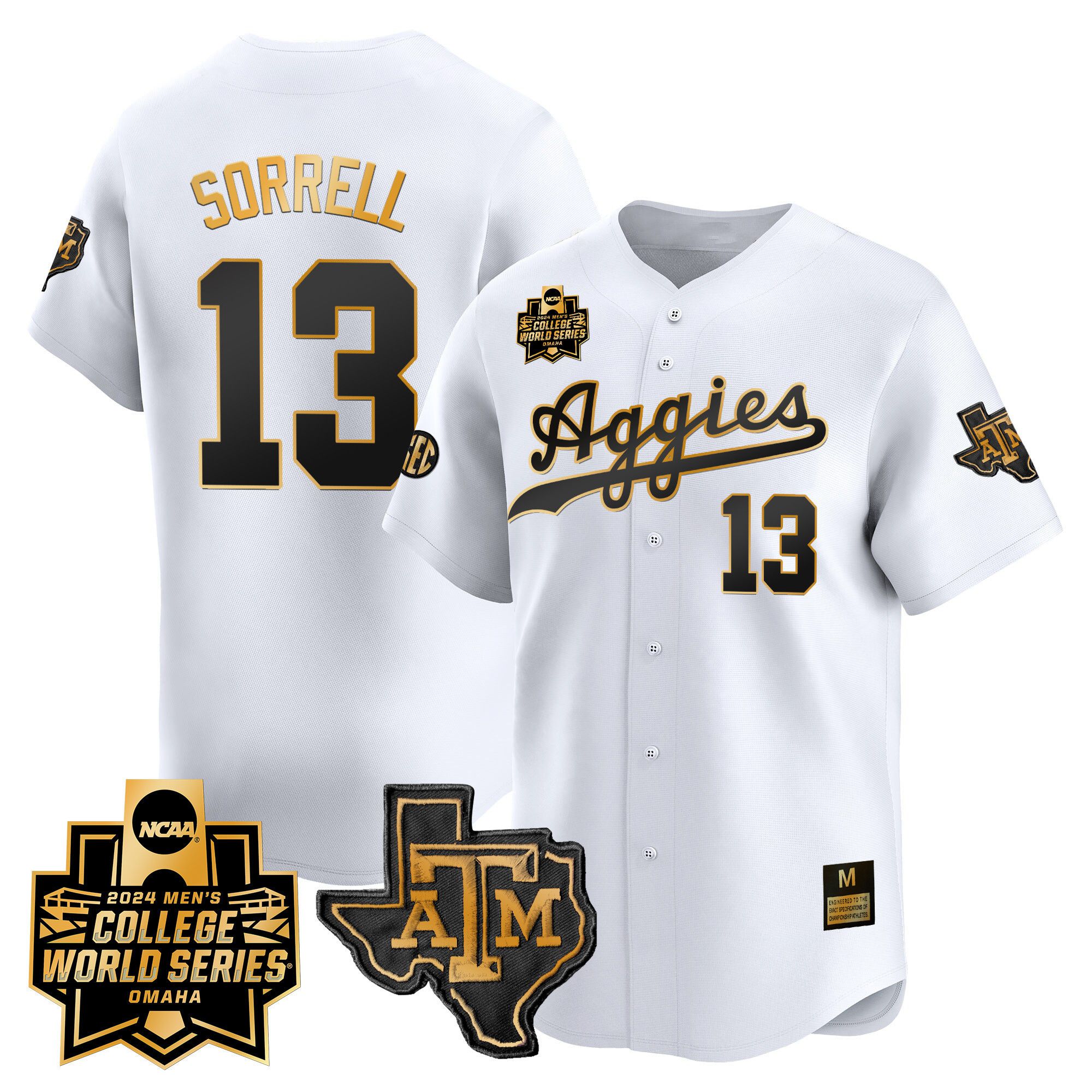 Men Texas A&M Aggies #13 Sorrell White 2024 College World Series Vapor Premier Limited NCAA Jersey style 1